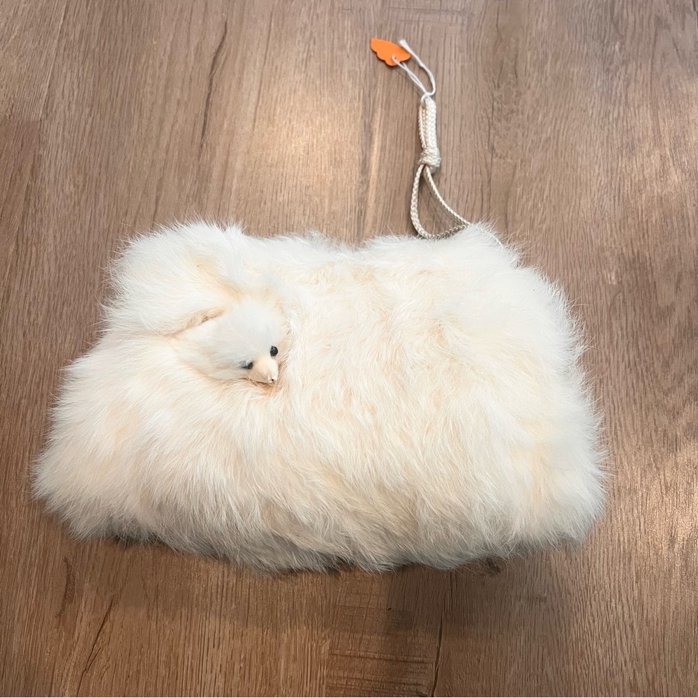 Vtg White Angora Rabbit Fur Children's Hand Muff Warmer Wear﻿‎ 50s Fake Fox Head